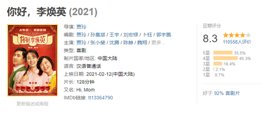 截至2月14日8时，《你好，李焕英》豆瓣评分为8.3分